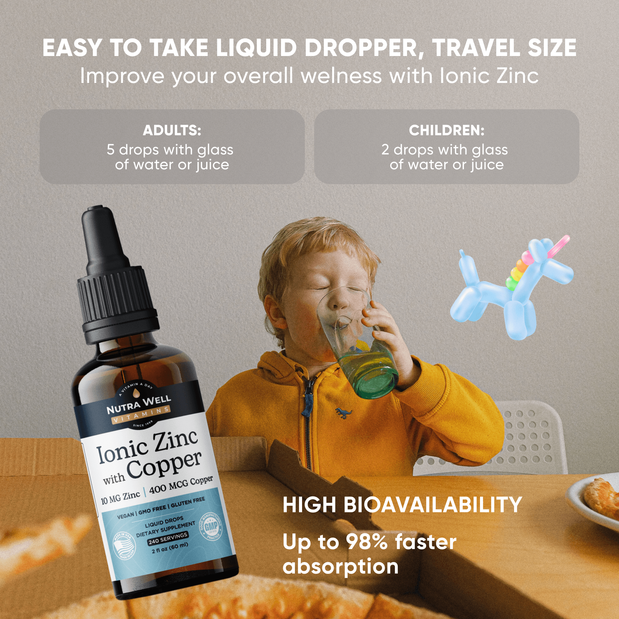 NutraWell Ionic Zinc with Copper listing picture: an easy dropper, a boy drinking