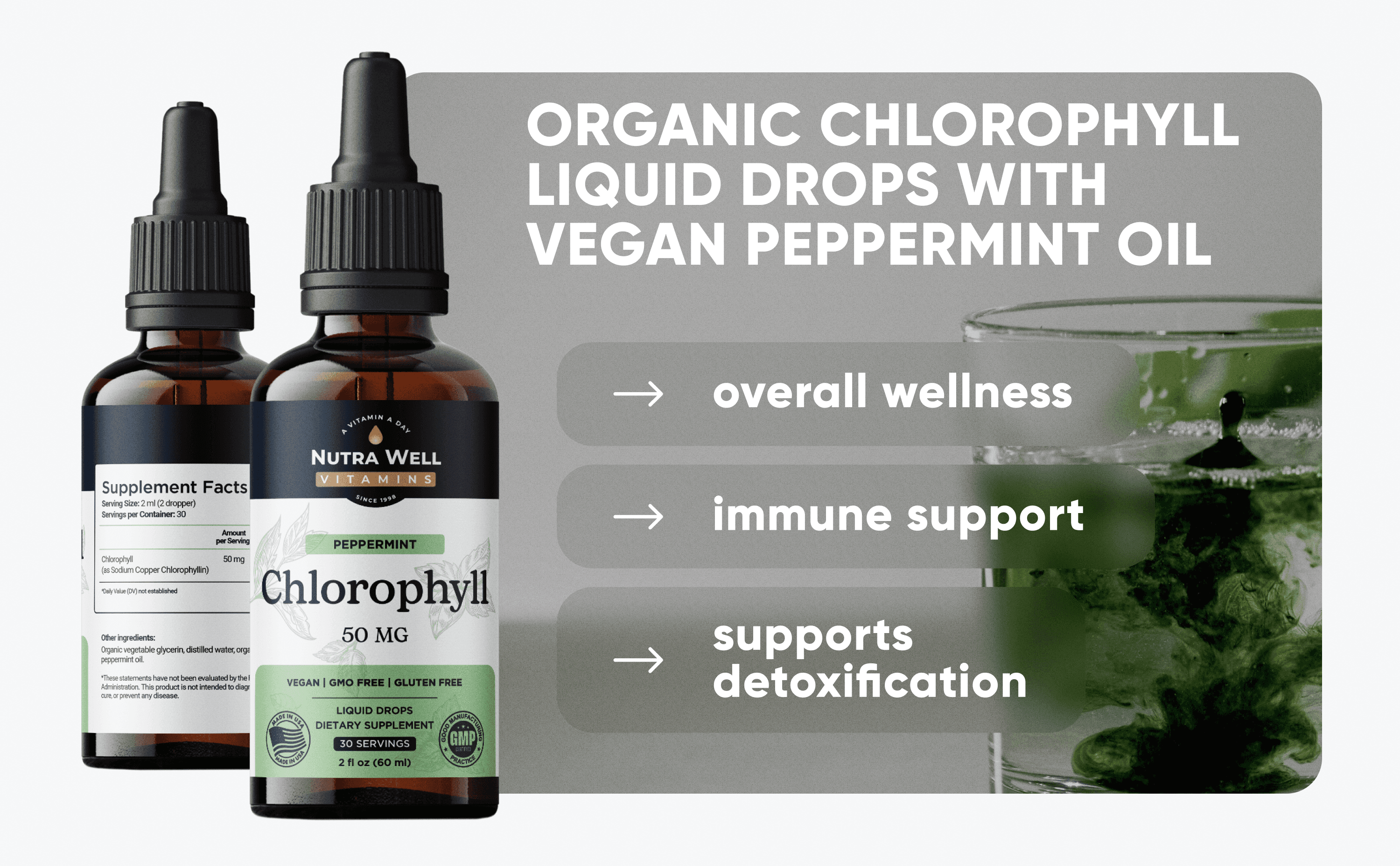 NutraWell Organic Chlorophyll A+ picture: liquid drops with vegan peppermint oil