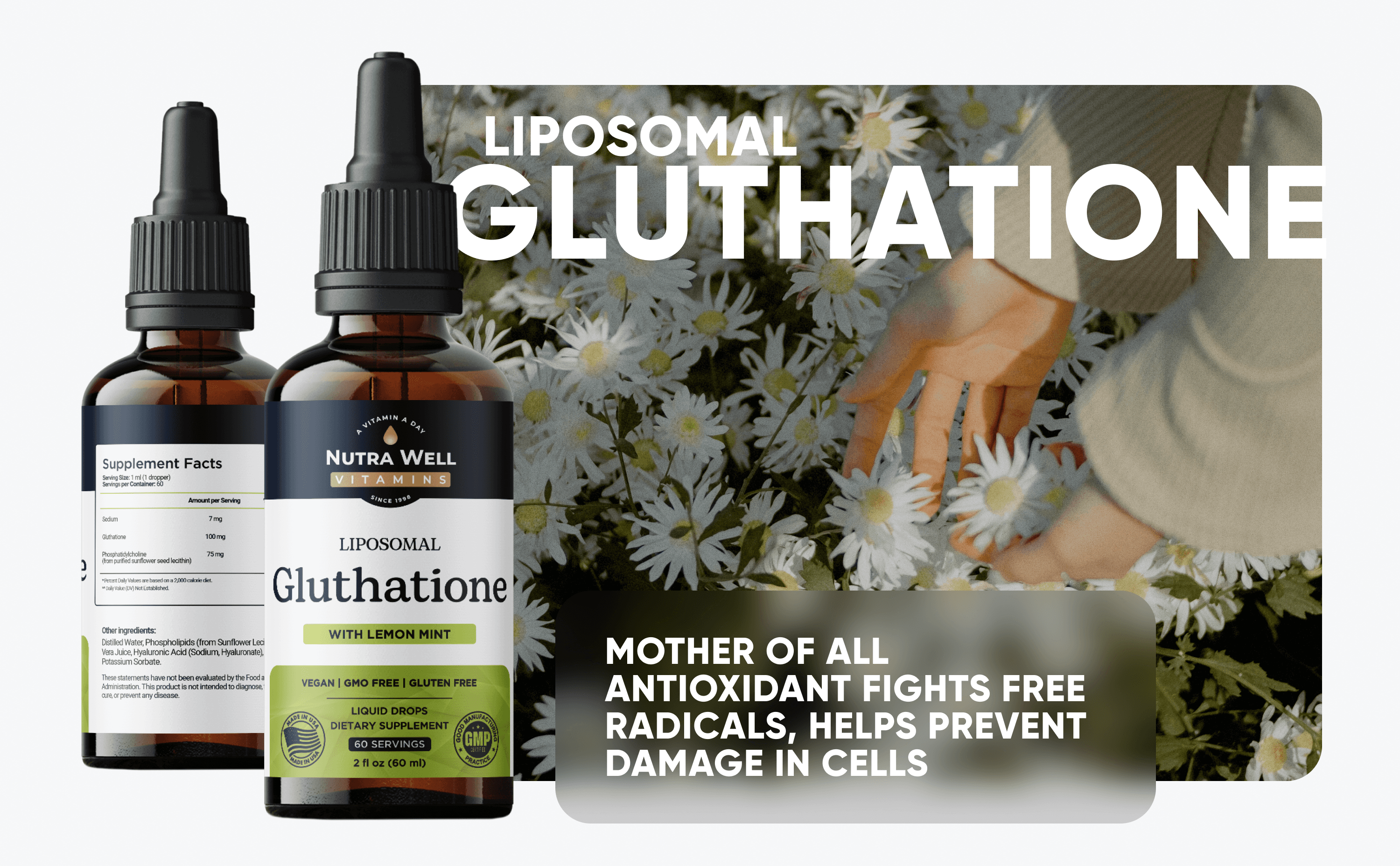 NutraWell Liposomal Glutathione A+ picture: the bottles and the antioxidant claim