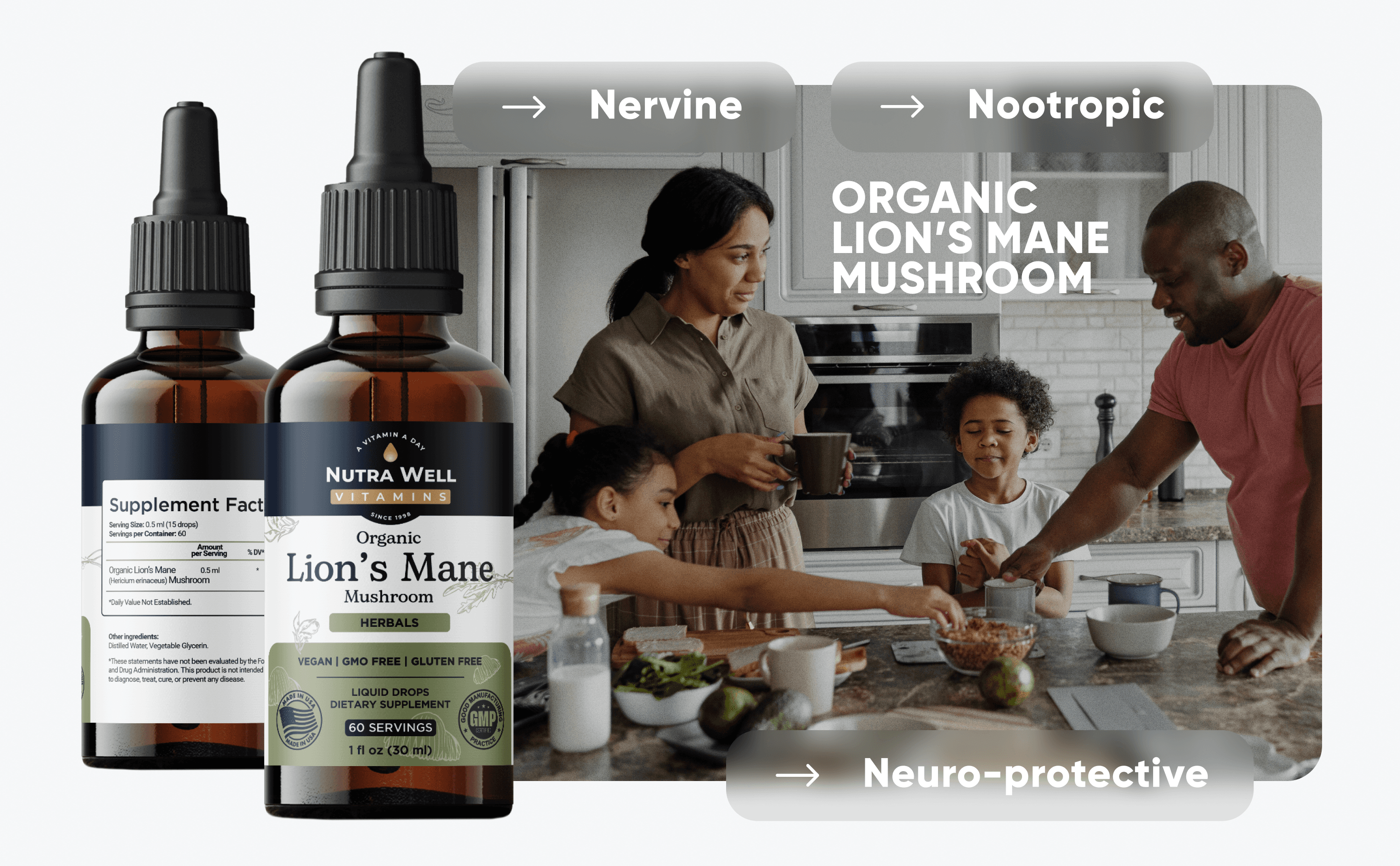 NutraWell Organic Lion's Mane A+ picture: the bottles and a family cooking