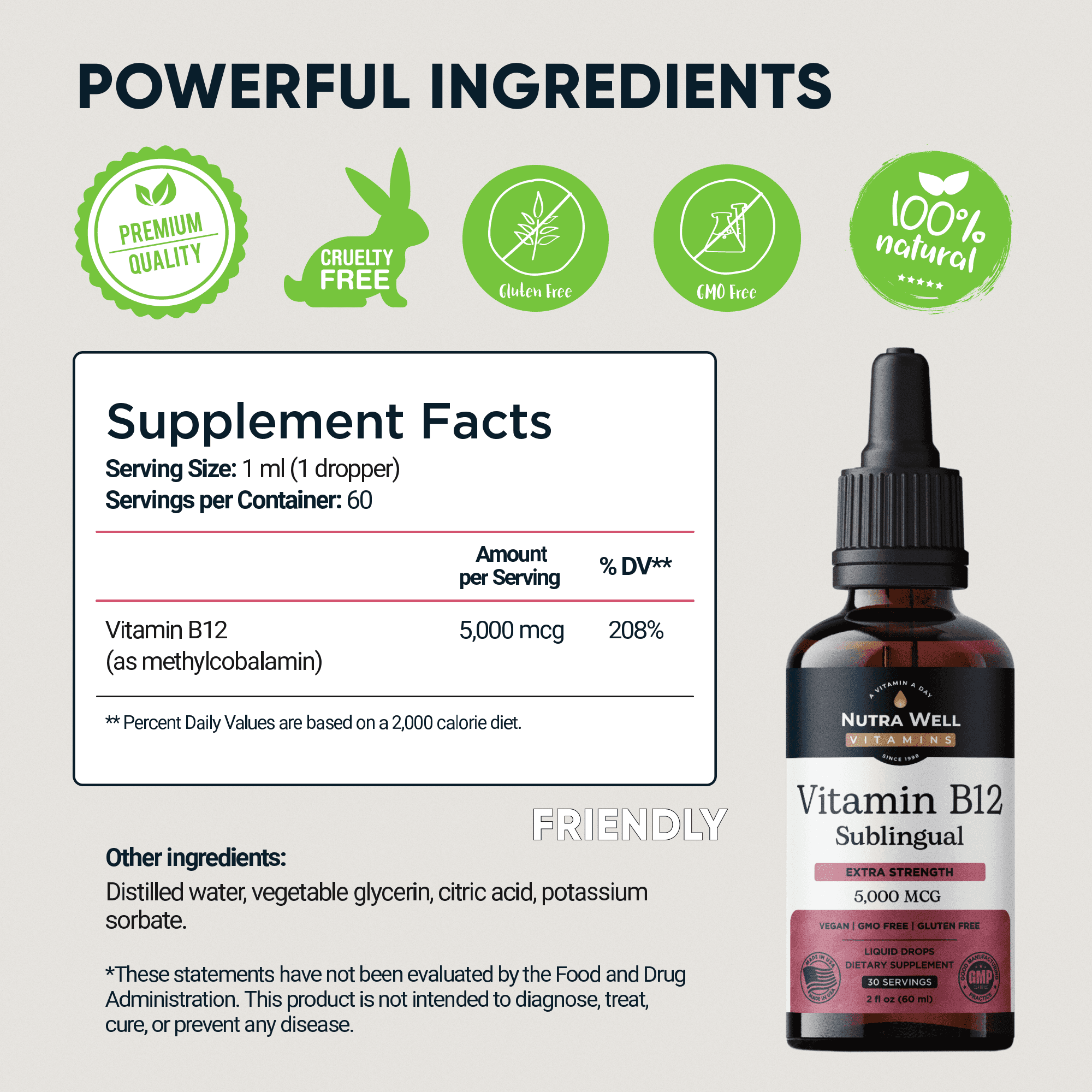 NutraWell Vitamin B12 listing picture: powerful ingredients and the supplement facts