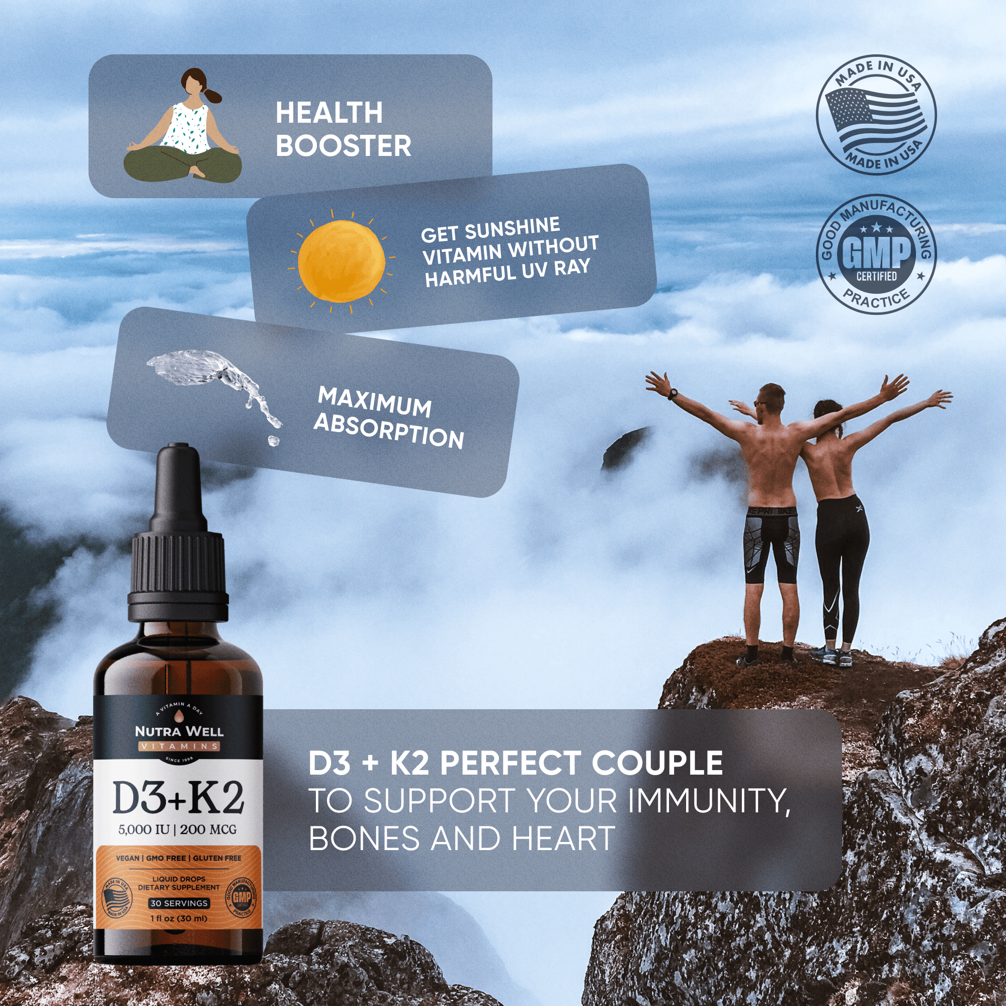 NutraWell D3+K2 listing picture: the perfect couple, two people on a peak above the clouds