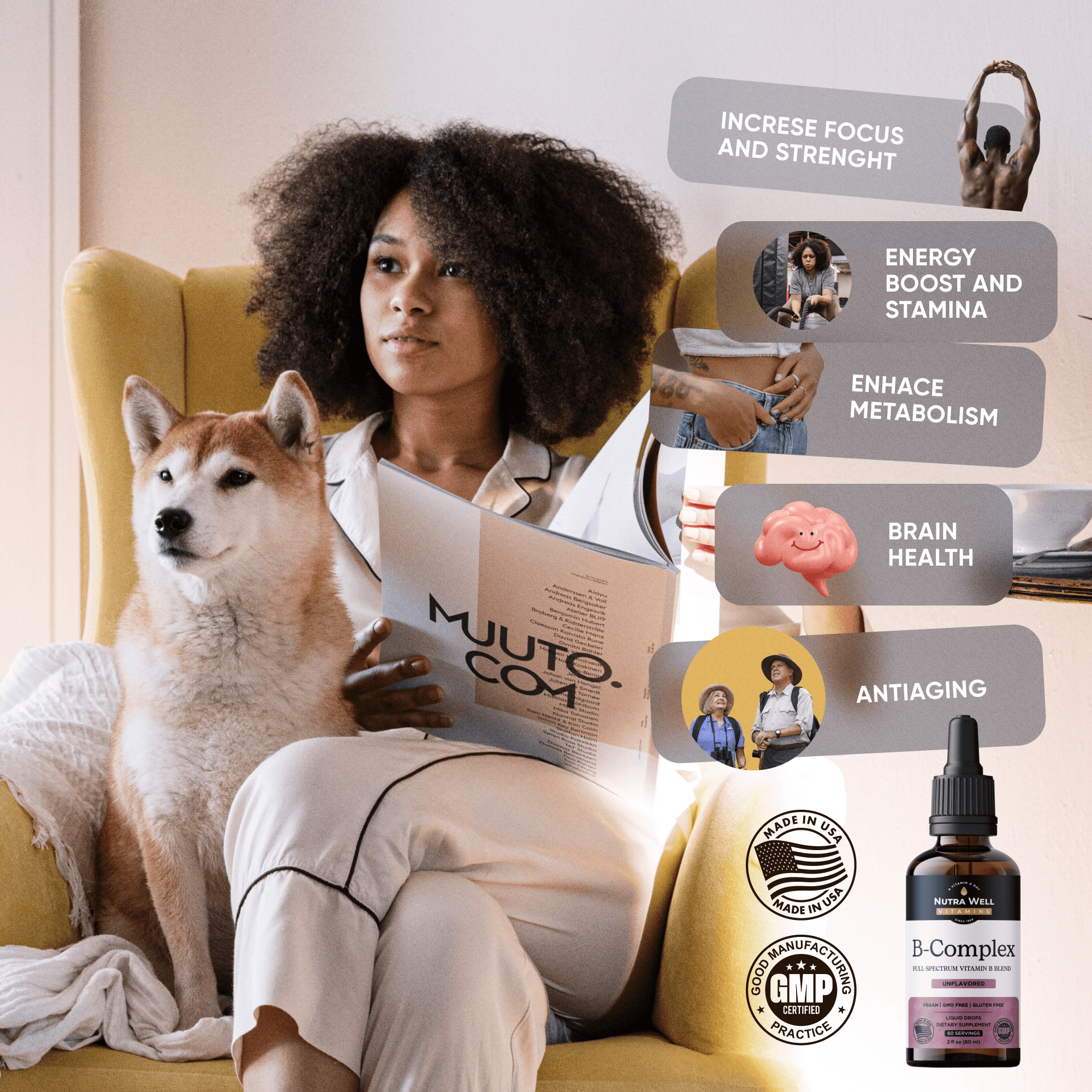NutraWell B-Complex listing picture: focus and energy, a woman reading next to her dog