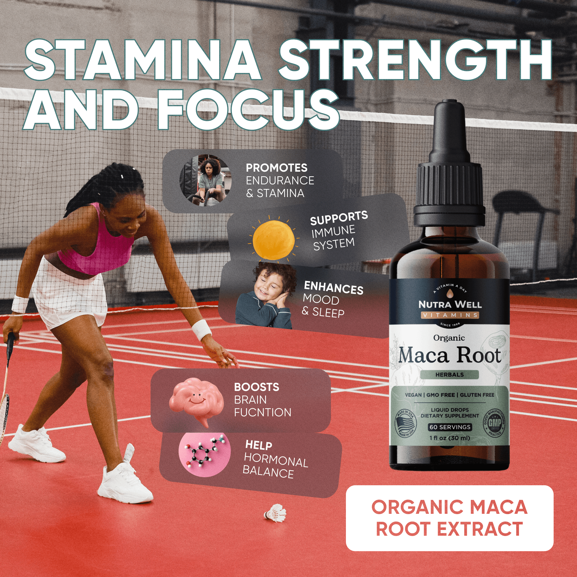 NutraWell Maca Root listing picture: Stamina, strength and focus, a tennis player