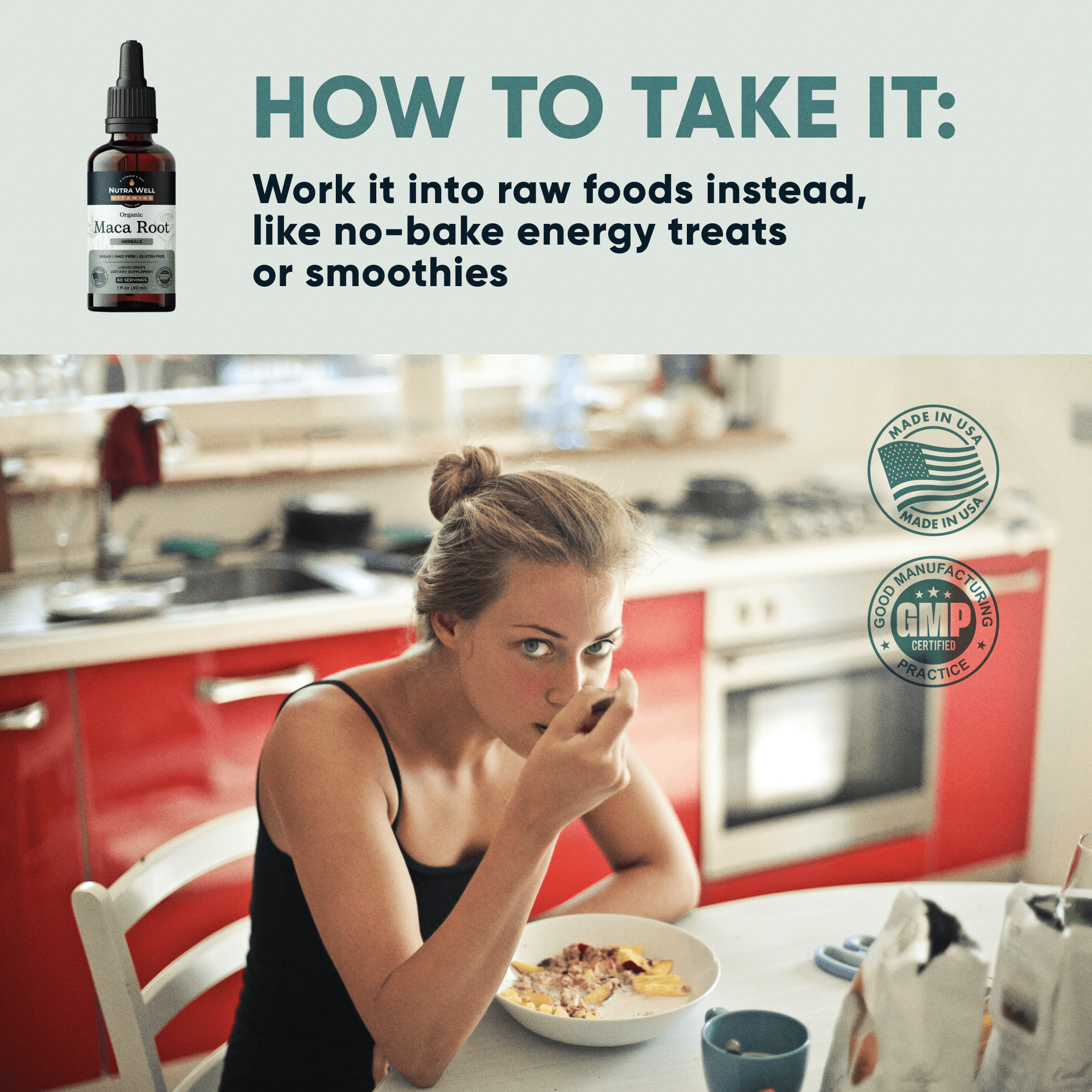 Maca Root listing picture: How to take it, a woman eating breakfast