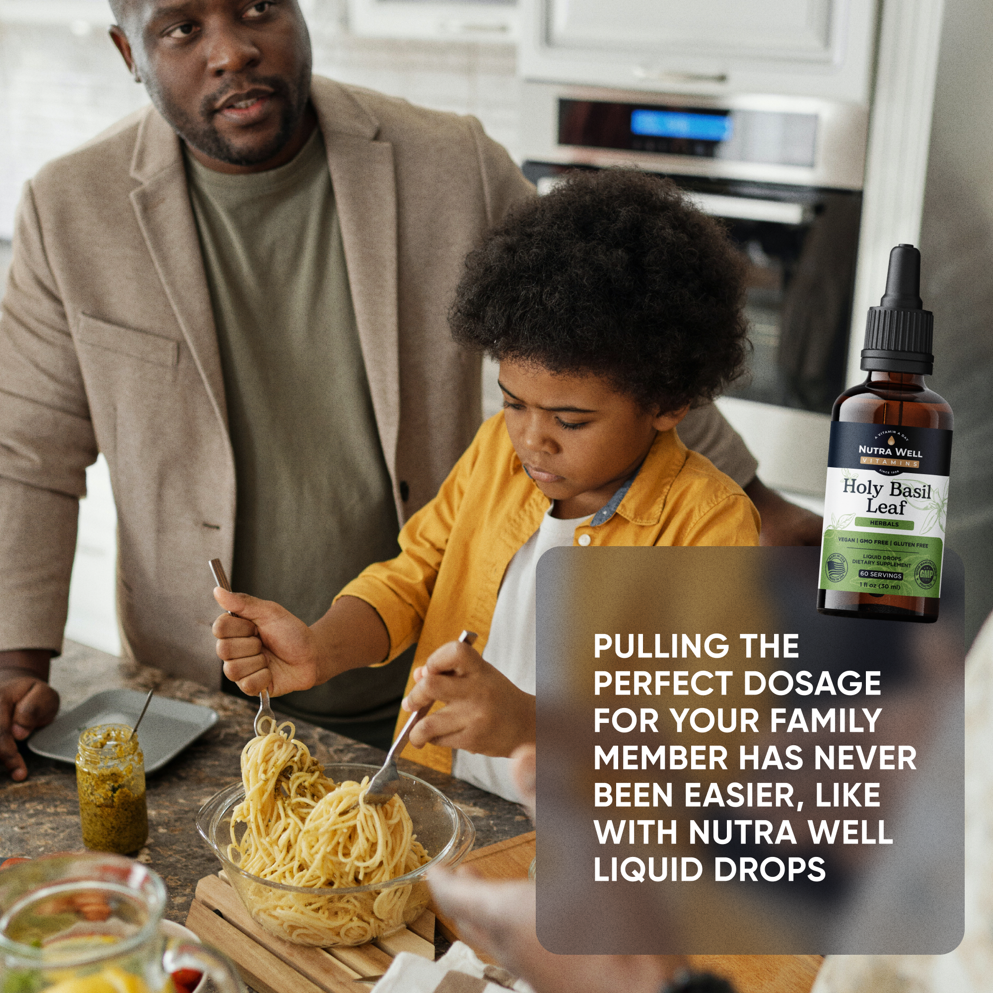 Holy Basil listing picture: the right dose for the whole family, a father and son cooking