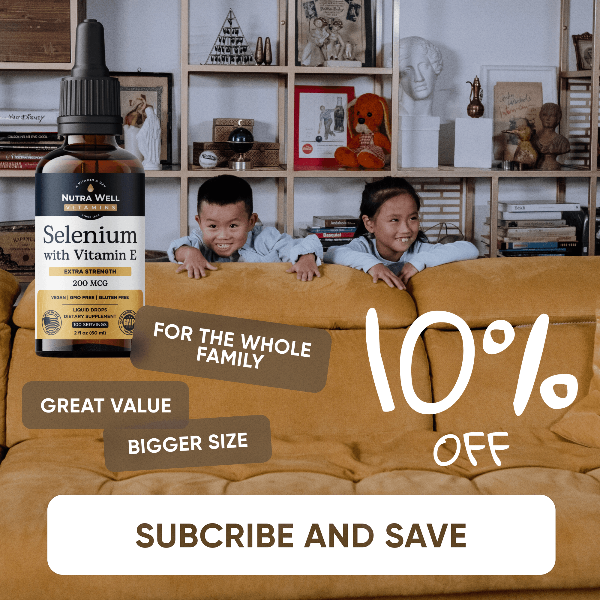 NutraWell Selenium ad: 10% off, for the whole family, two boys behind a sofa