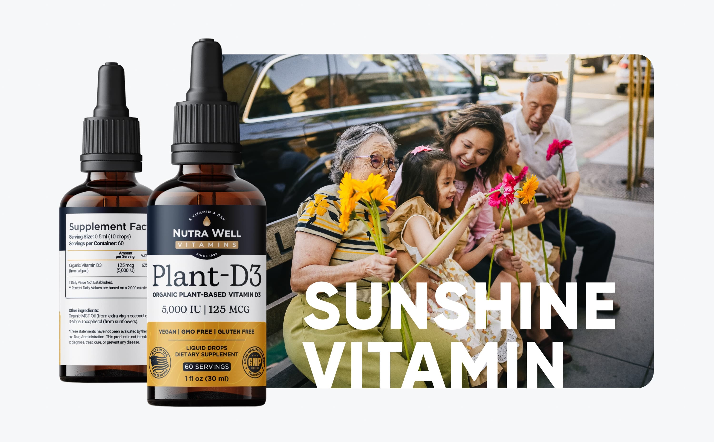 NutraWell Plant-D3 vitamin drops with the Sunshine Vitamin creative