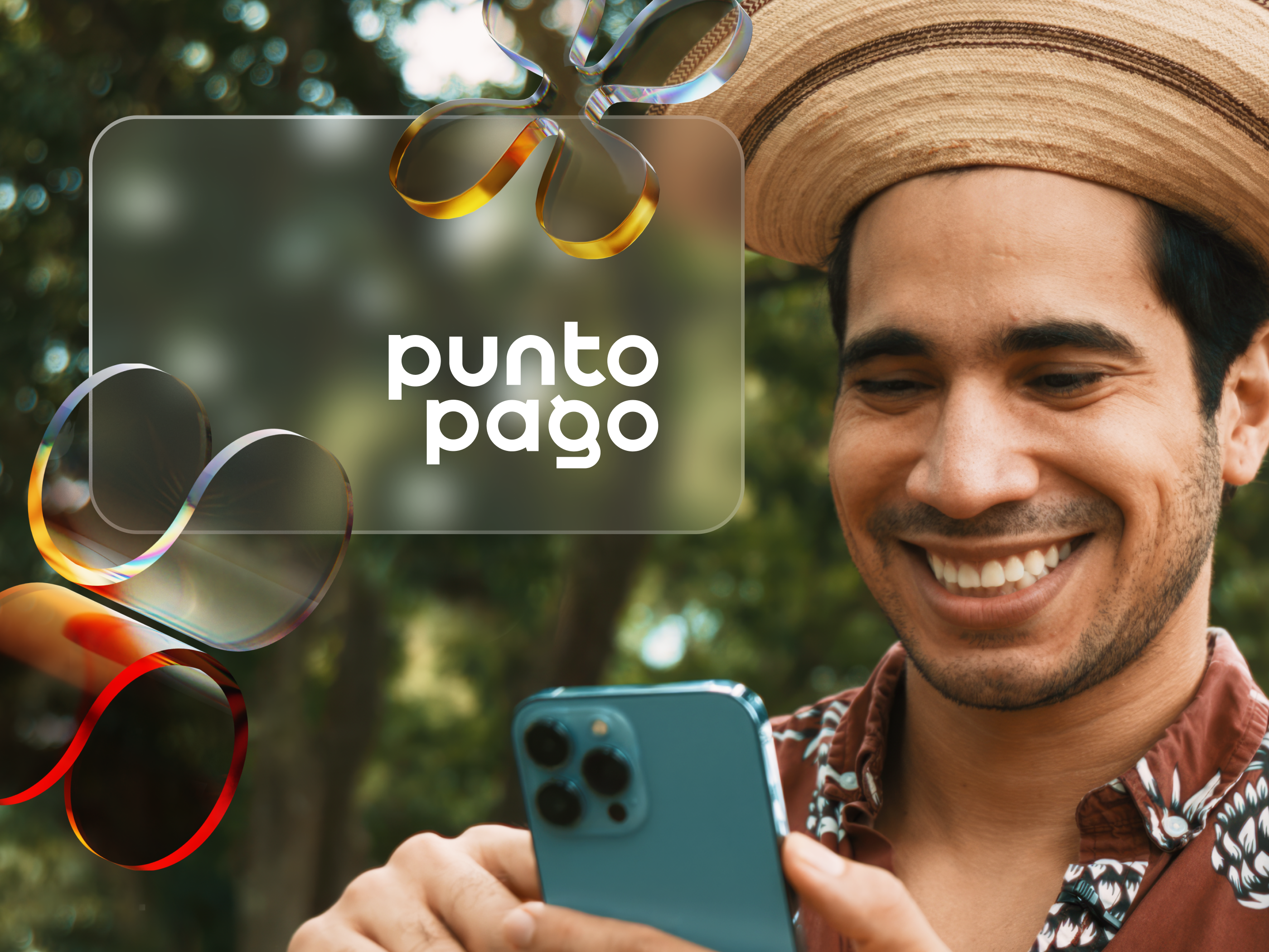 A man smiling at Punto Pago on his phone
