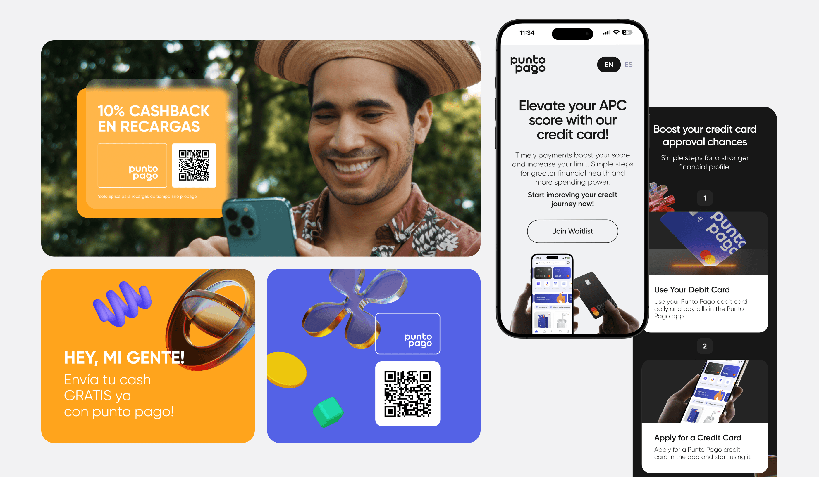 Punto Pago ads and the landing page on a phone: 10% cashback on top-ups, and send cash for free