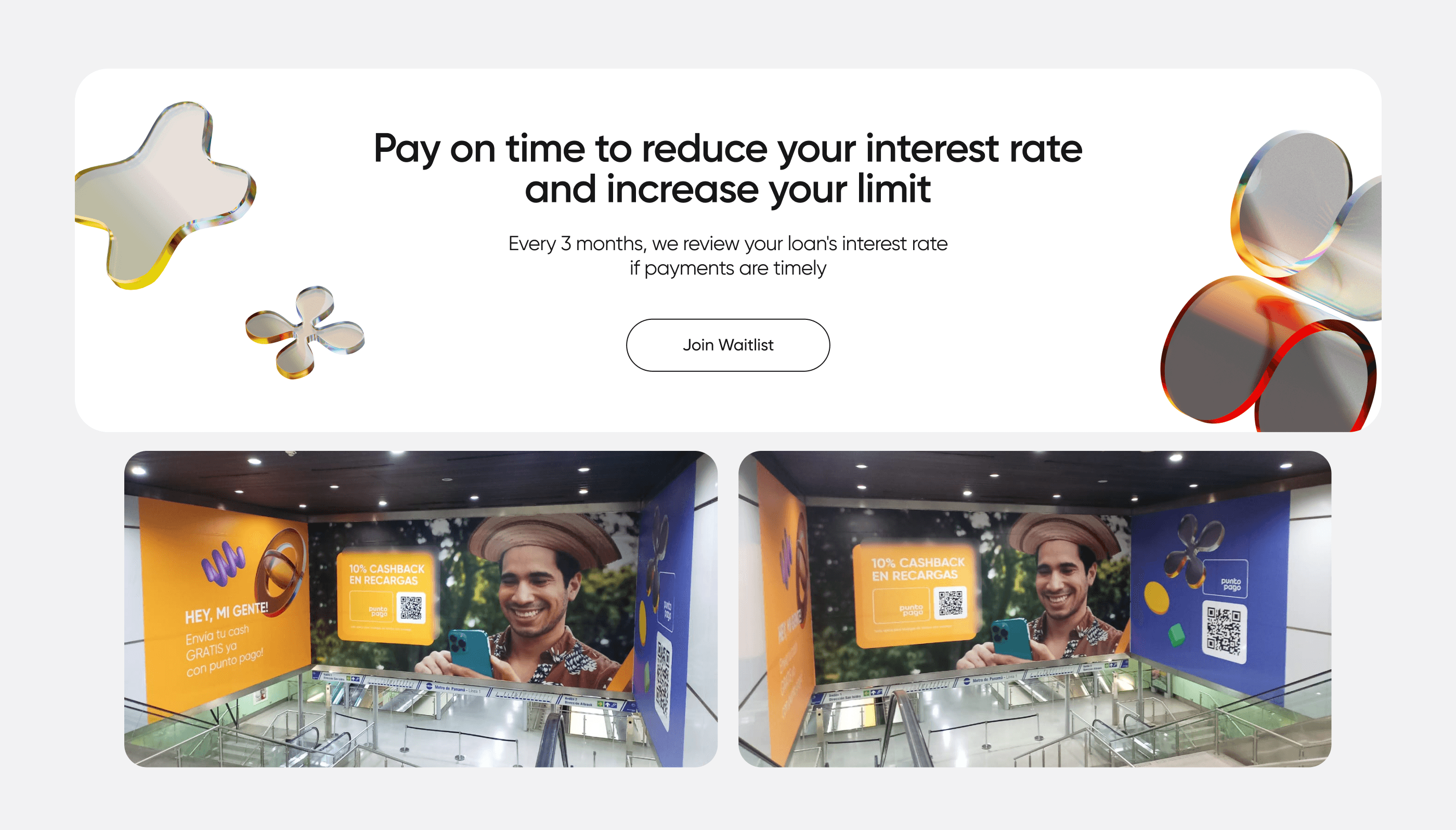 Pay on time to reduce your interest rate and increase your limit, and the Punto Pago banner in the metro
