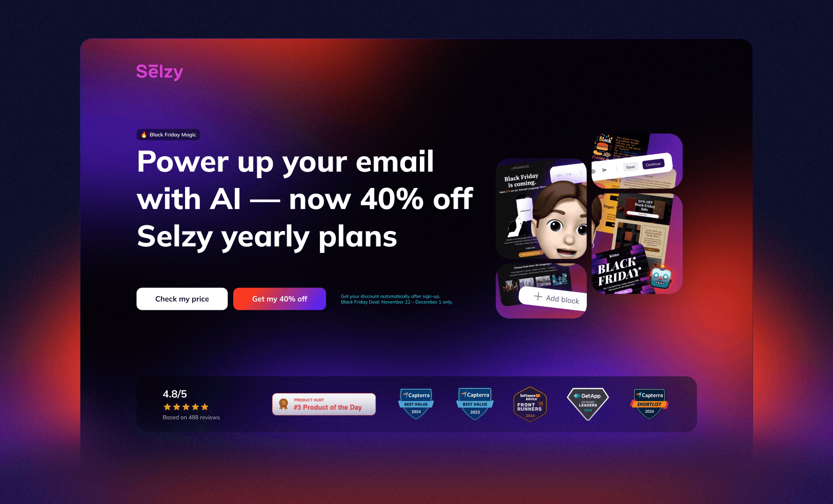 The Selzy Black Friday landing page: Power up your email with AI, now 40% off Selzy yearly plans