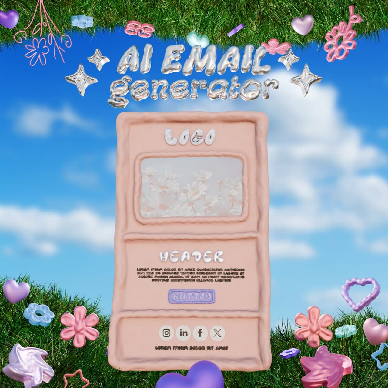 The email template in peach over clouds and grass