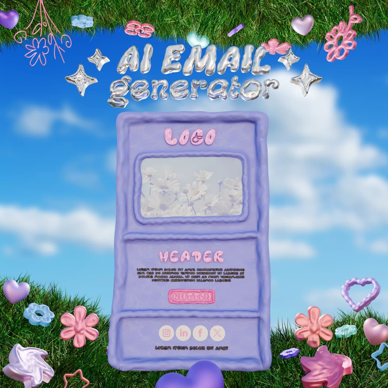 The email template in lilac over clouds and grass