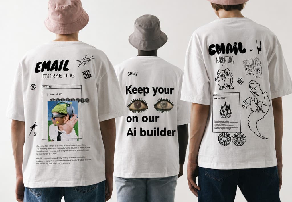 Three people from the back in Selzy graphic T-shirts: email marketing, keep your eyes on our AI builder