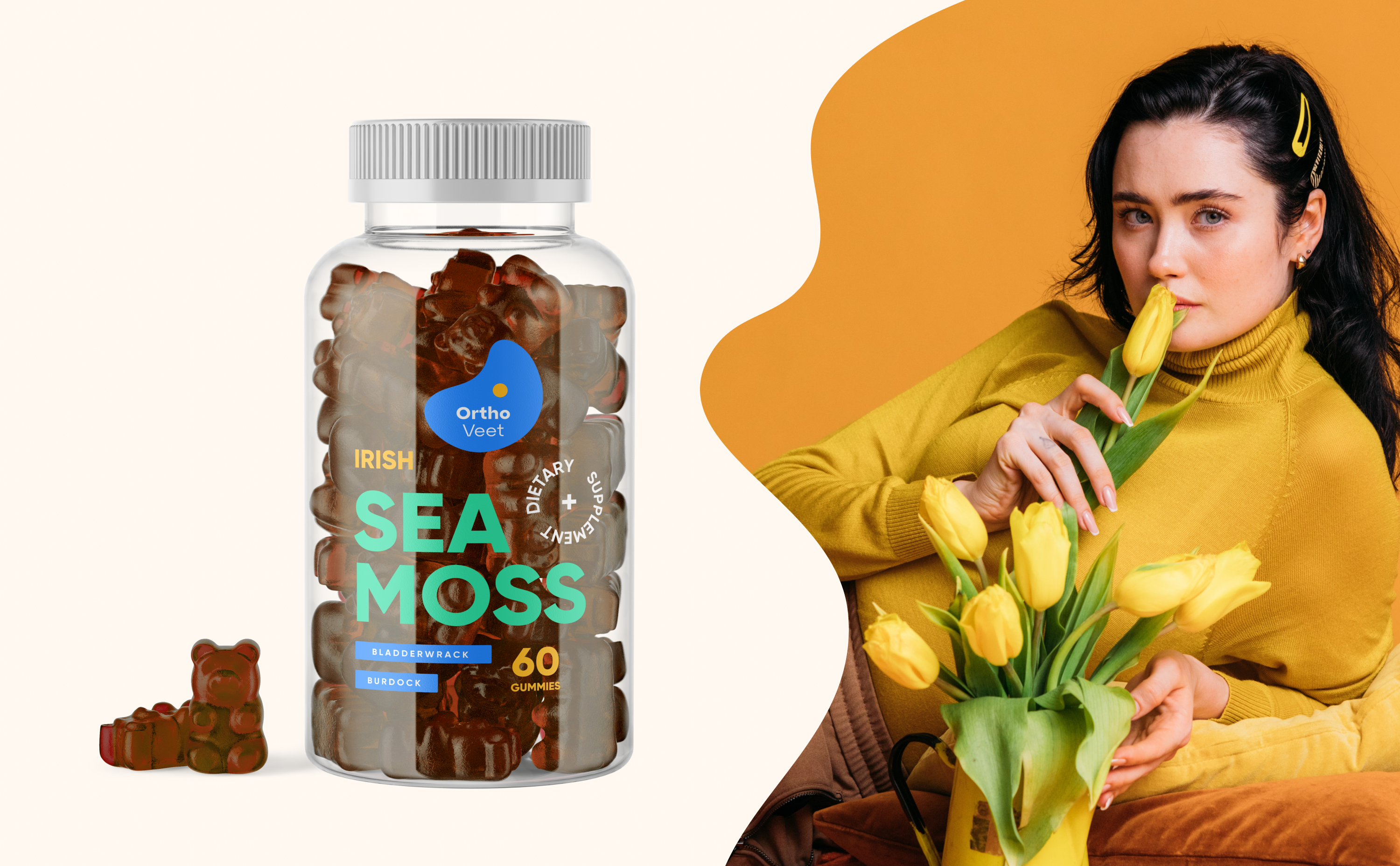 Ortho Veet Irish Sea Moss gummies jar next to a woman holding yellow tulips