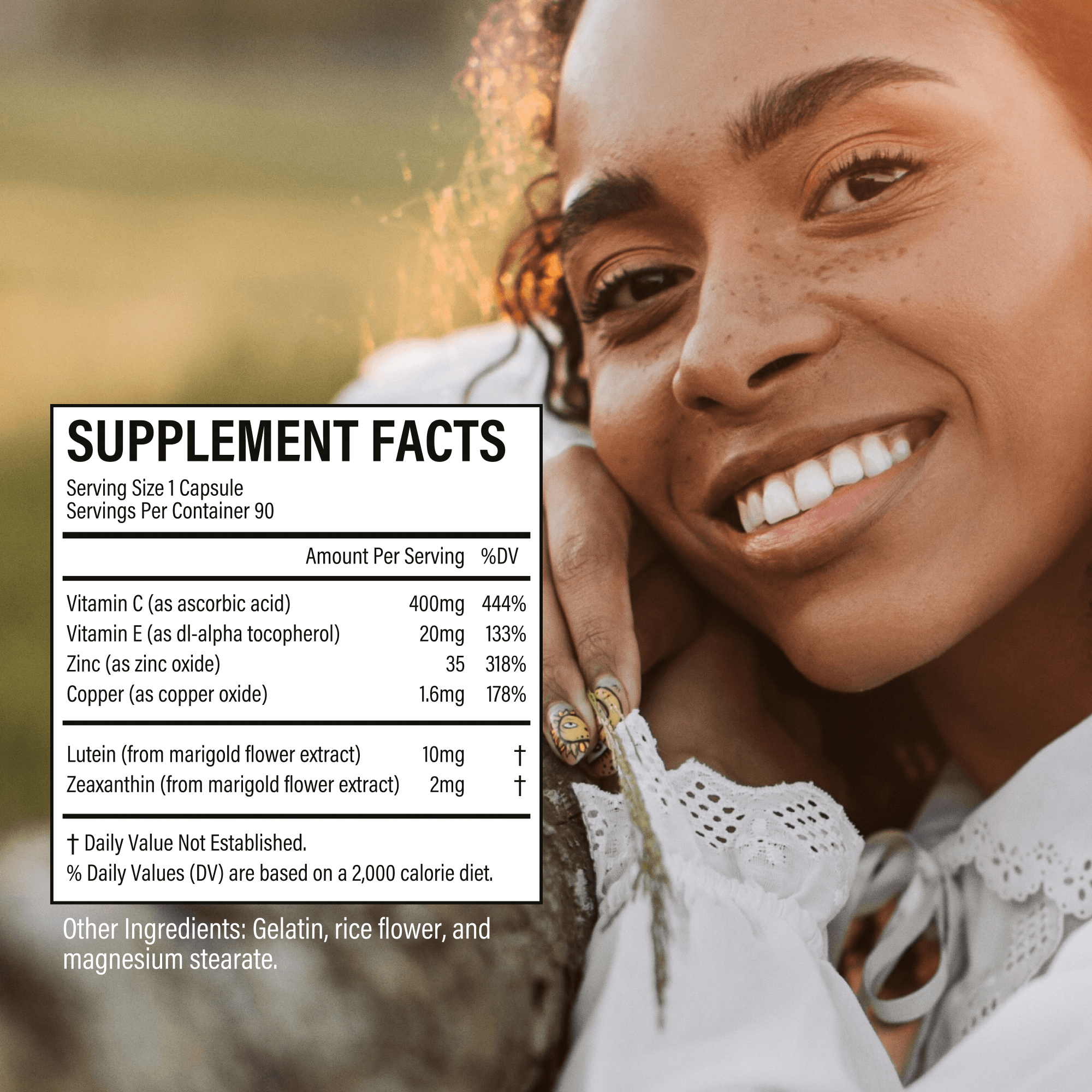 Dāleez Eye Health listing picture: the supplement facts next to a smiling woman