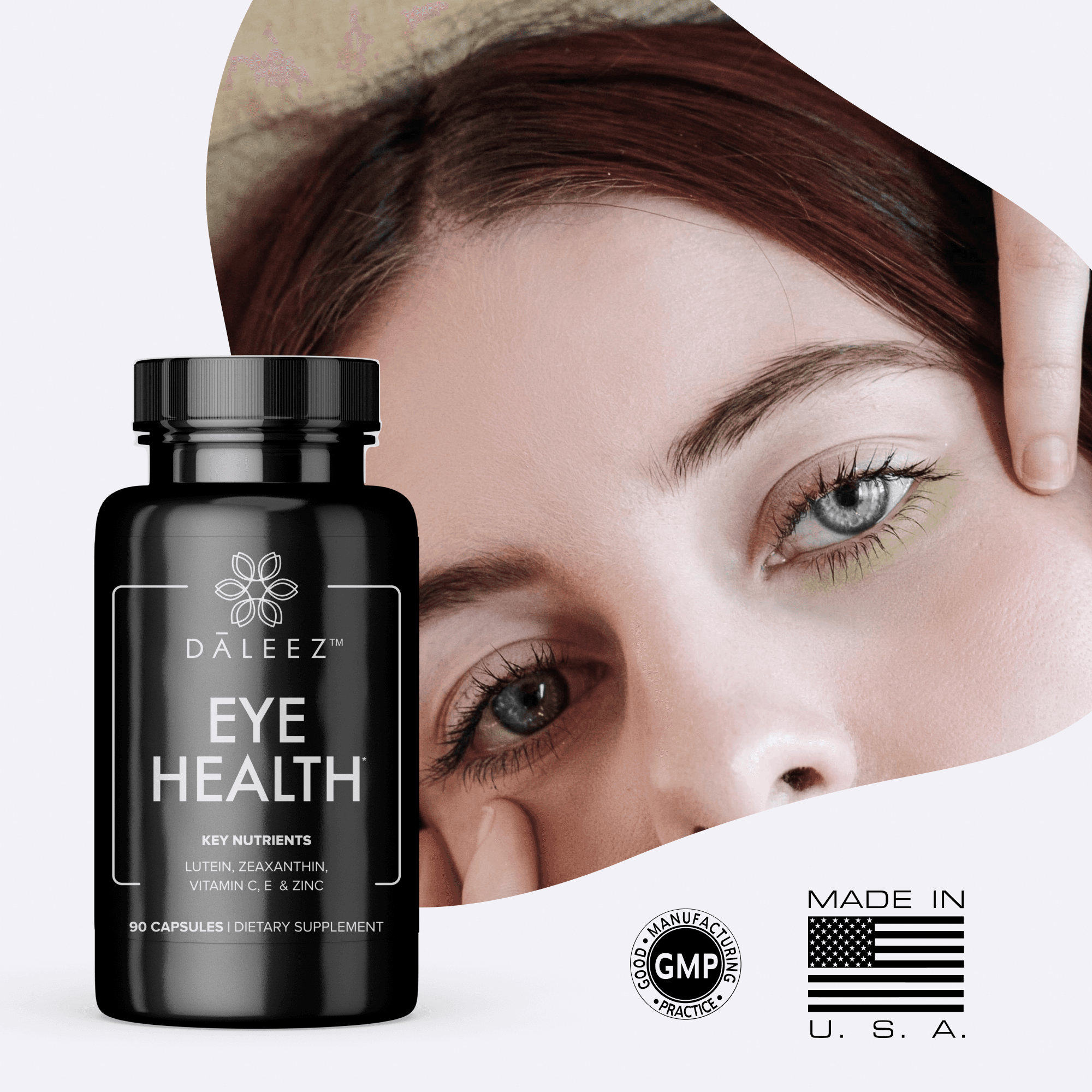 Dāleez Eye Health listing picture: the bottle next to a woman's eye, GMP and Made in USA marks