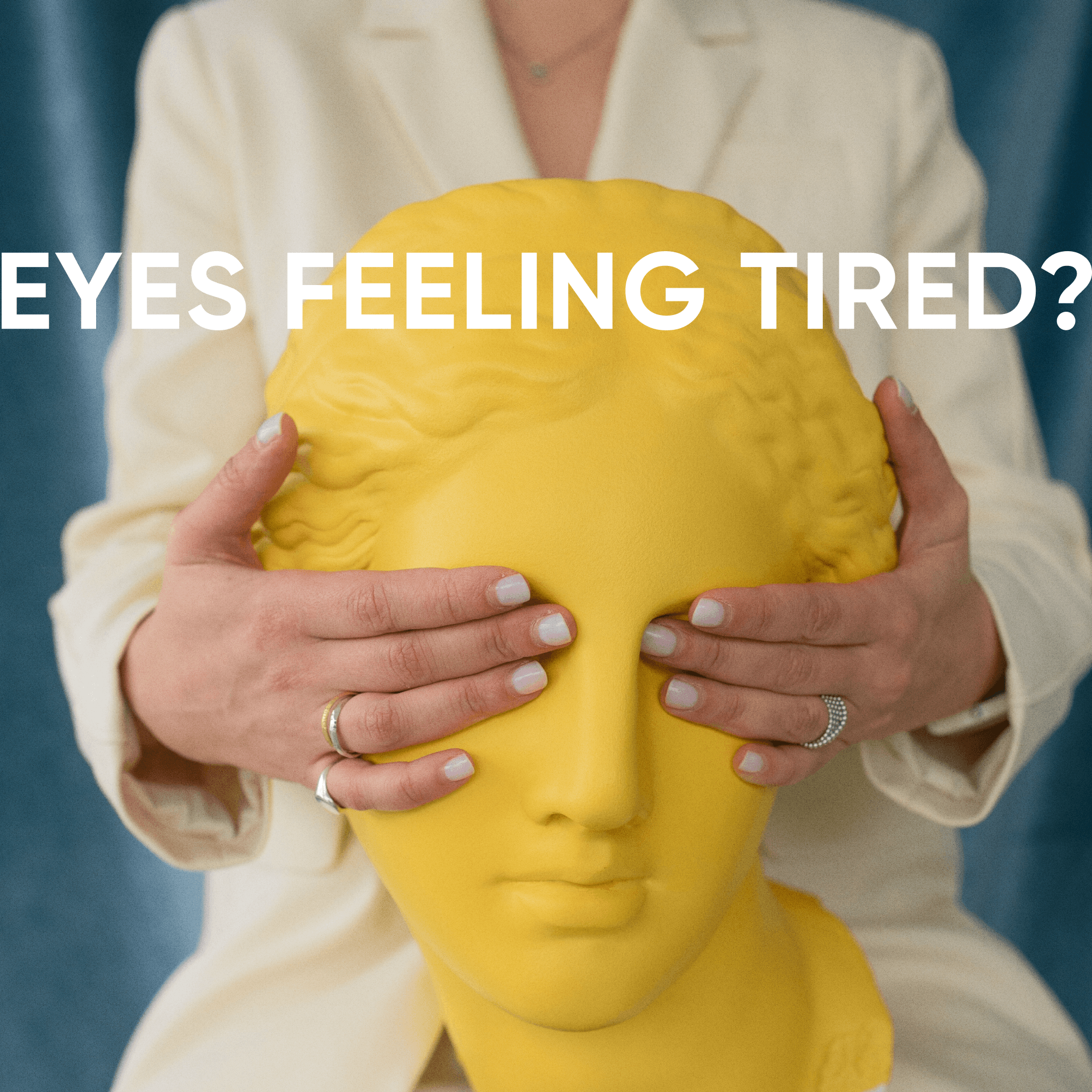 Dāleez social post: Eyes feeling tired? Hands over a yellow statue's eyes