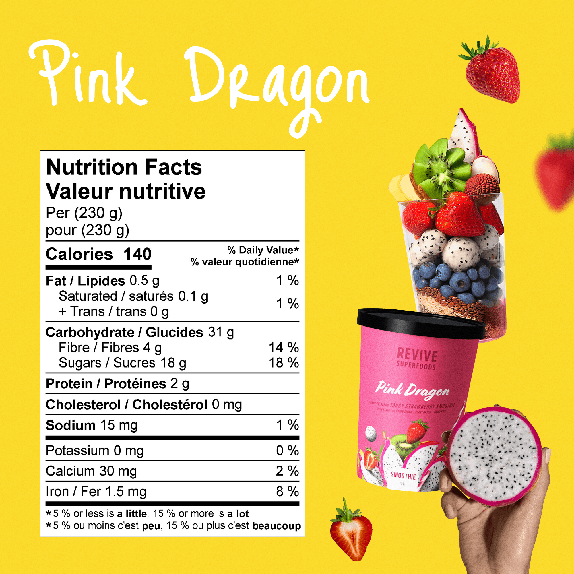 Revive listing picture: Pink Dragon and its nutrition facts on yellow