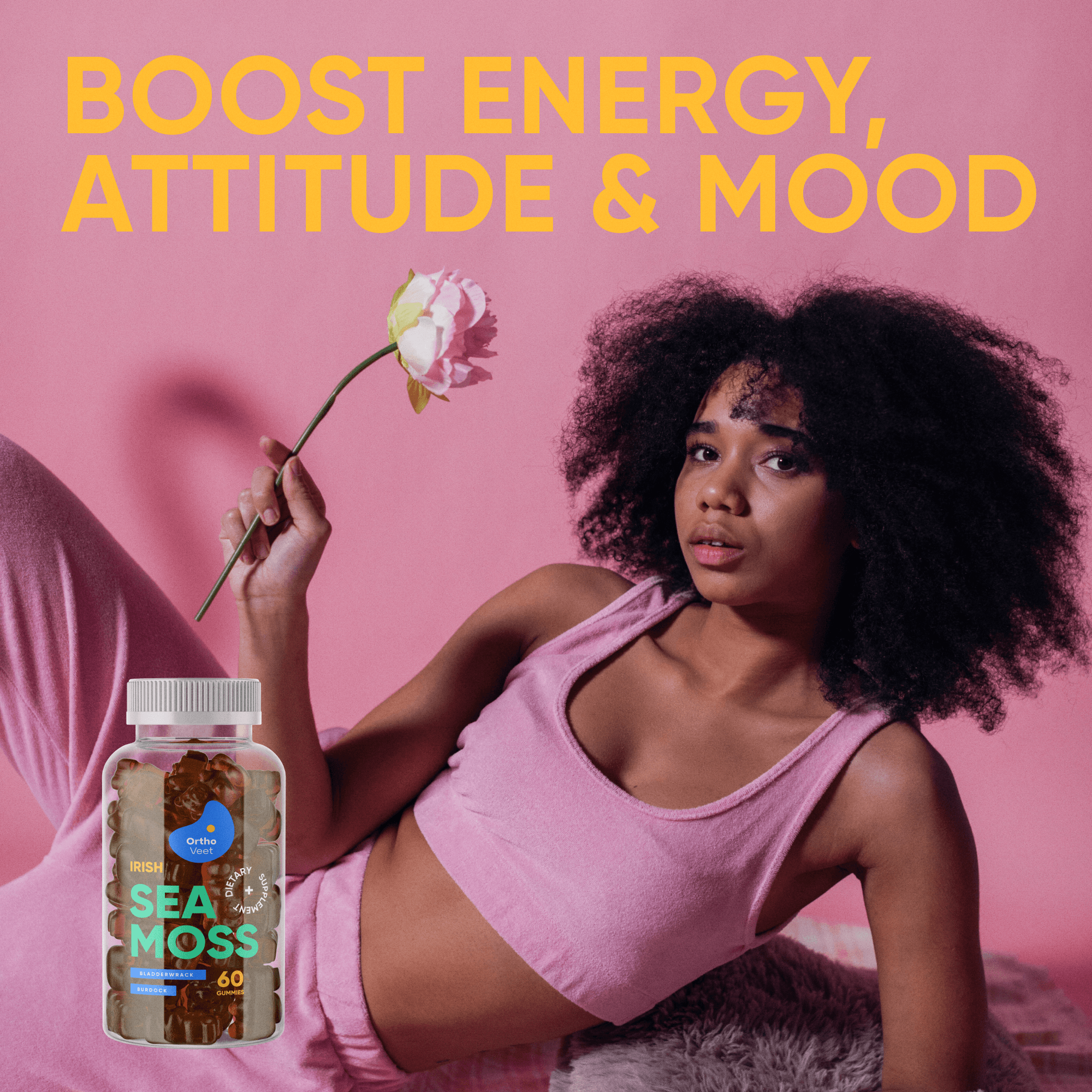 Sea Moss listing picture: Boost energy, attitude and mood, a woman with a rose and the jar