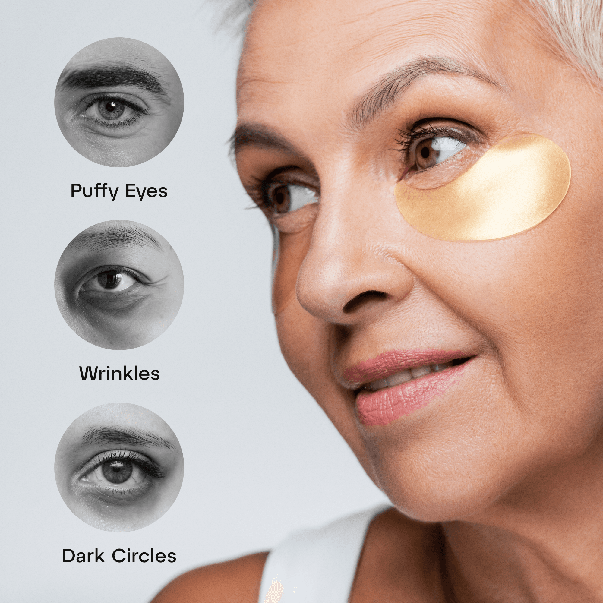 Collagen eye patches listing picture: puffy eyes, wrinkles, dark circles, a woman with a gold patch