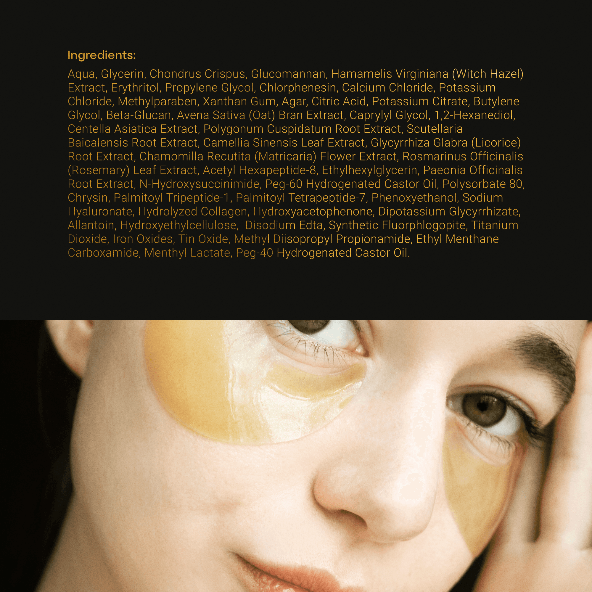 Collagen eye patches listing picture: the ingredients over a face with gold patches