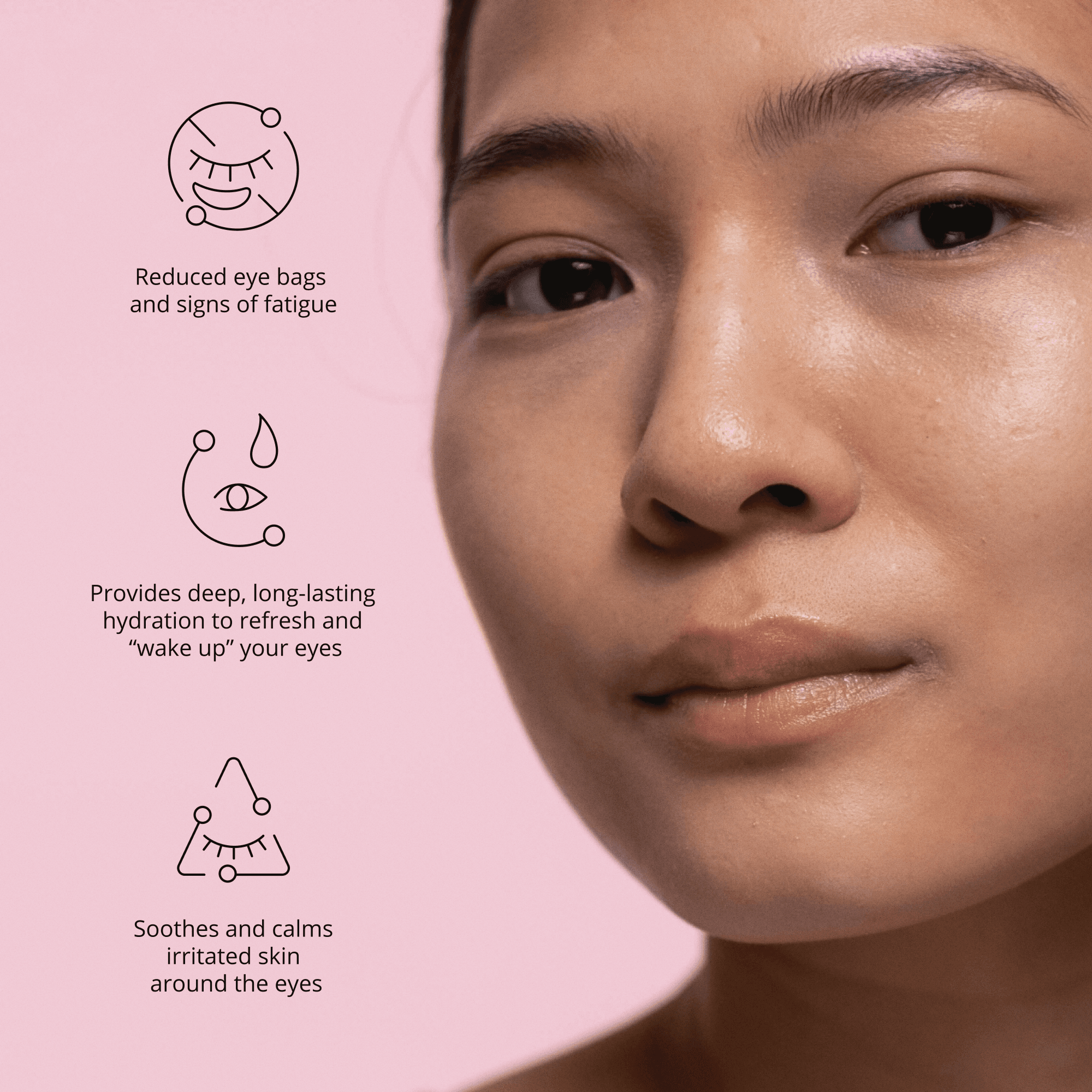 Green tea eye patches listing picture: what the patches do, a woman on a pink background
